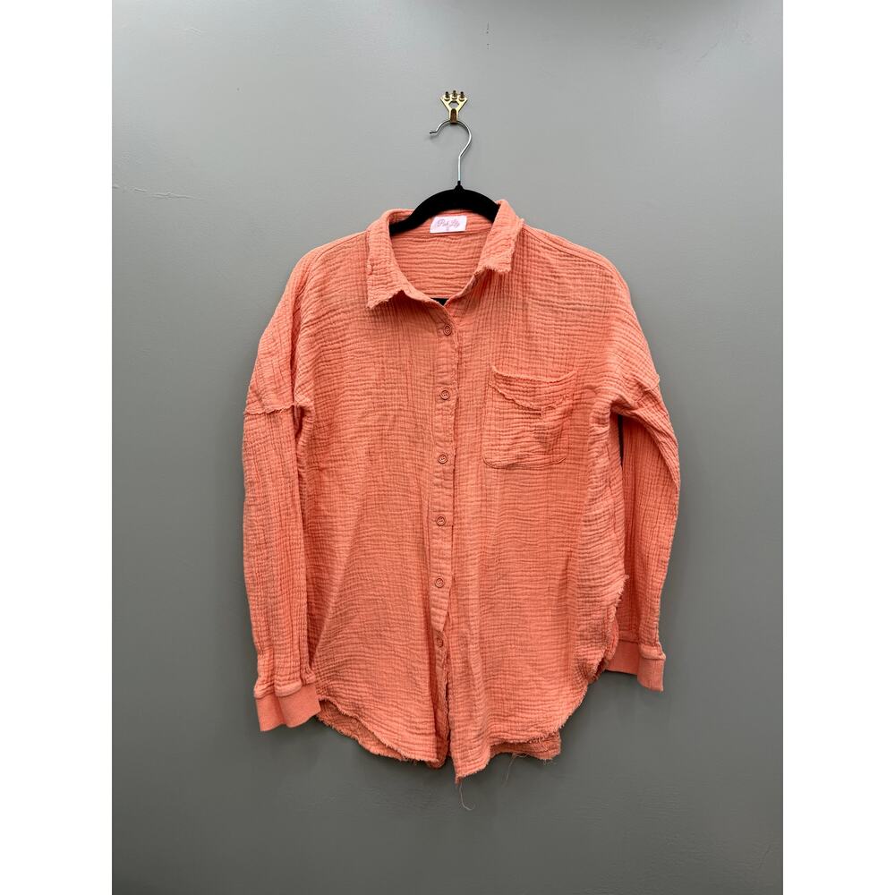 Pink Lily Coral Gauze Button Up Shirt Raw Hem Beachy Coastal Cottagecore Small
